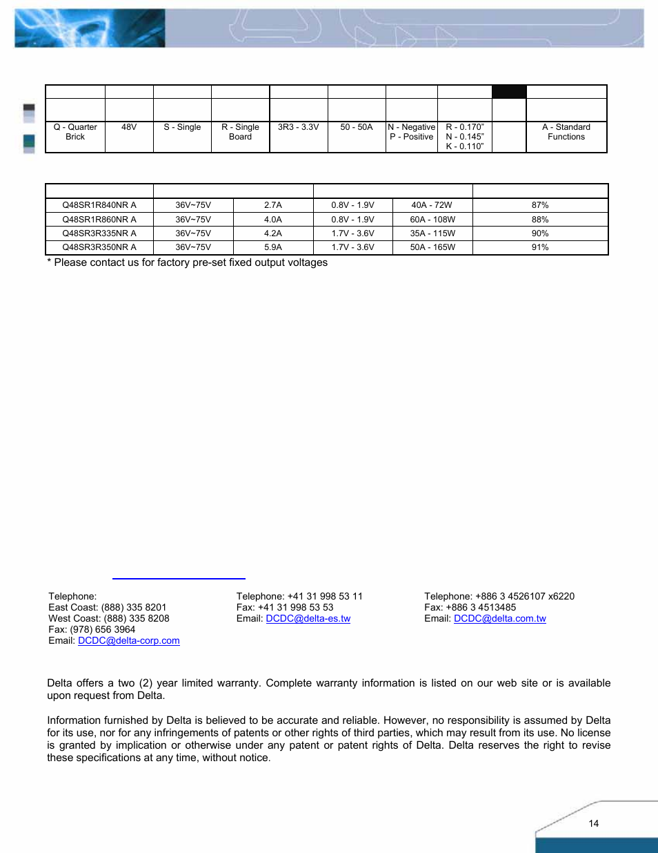 Part numbering system, Model list | Delta Electronics Q48SR User Manual | Page 14 / 14