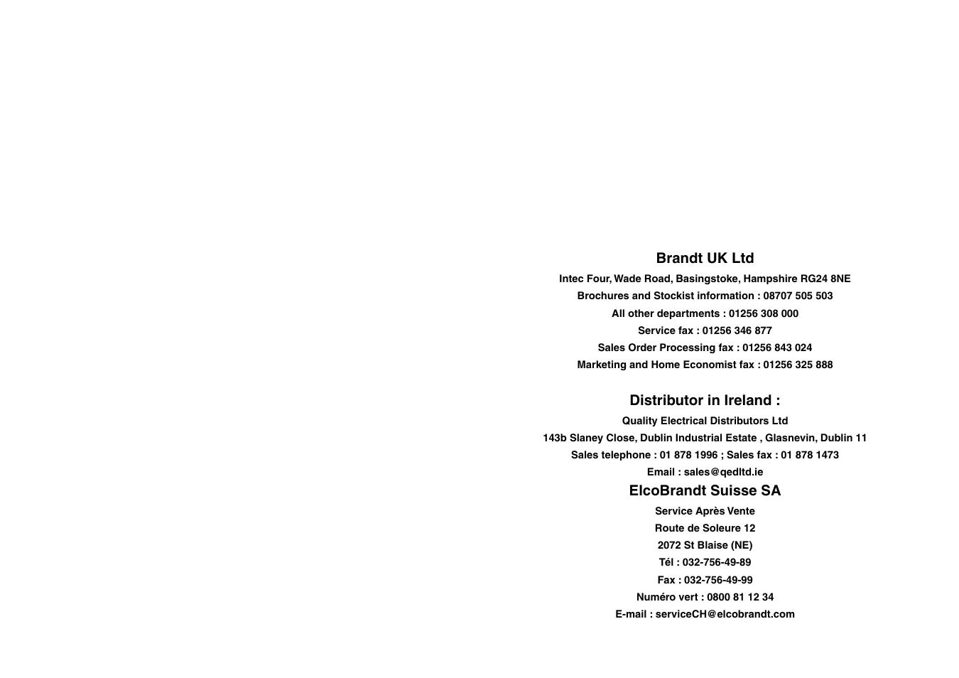 Brandt uk ltd, Distributor in ireland, Elcobrandt suisse sa | DE DIETRICH DRS323JE1 User Manual | Page 12 / 13