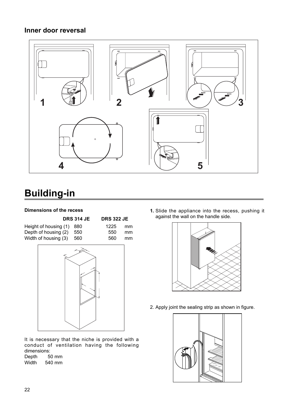 Building-in, Inner door reversal | DE DIETRICH DRS514JE1 User Manual | Page 10 / 14