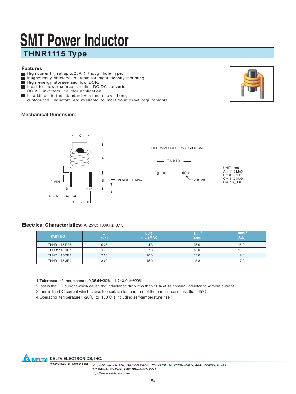 Delta Electronics SMT Power Inductor THNR1115 User Manual | 1 page