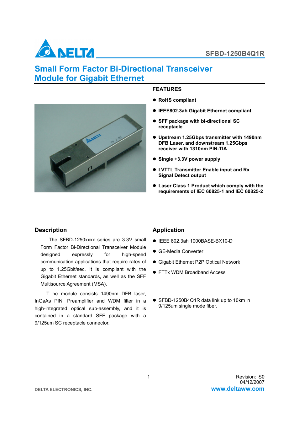 Delta Electronics SFBD-1250B4Q1R User Manual | 7 pages
