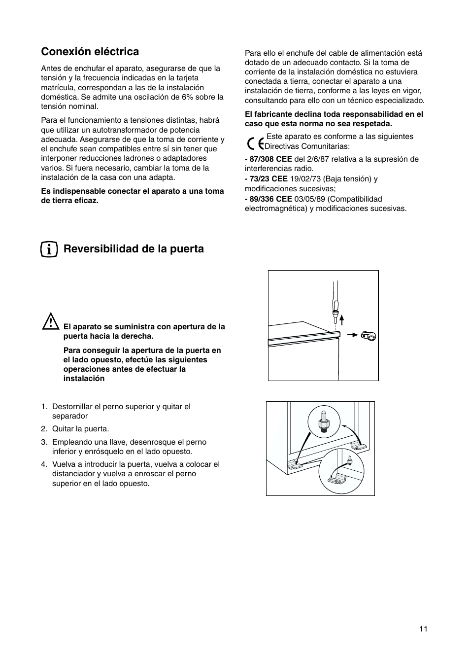 Conexión eléctrica, Reversibilidad de la puerta | DE DIETRICH DRS635JE User Manual | Page 11 / 52