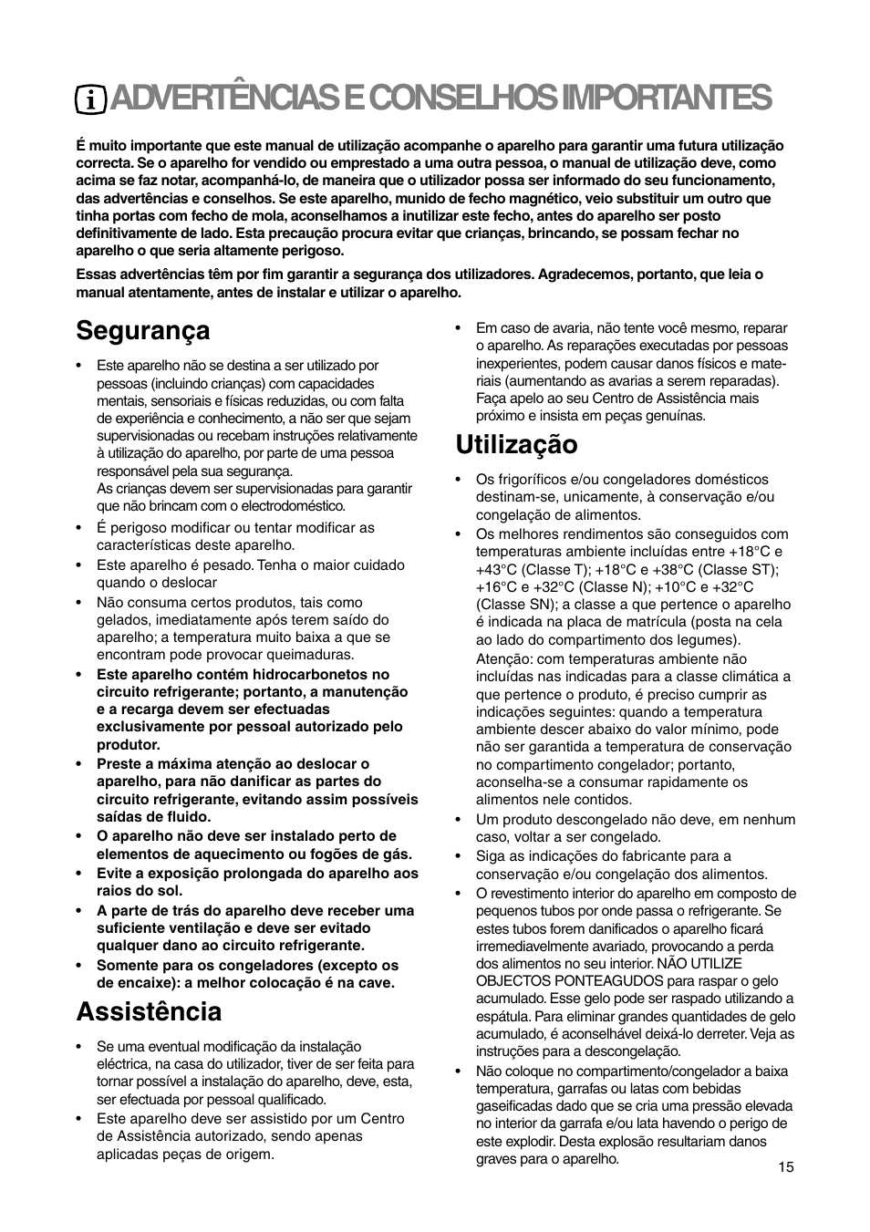 Advertências e conselhos importantes, Segurança, Assistência | Utilização | DE DIETRICH DRS635JE User Manual | Page 15 / 52