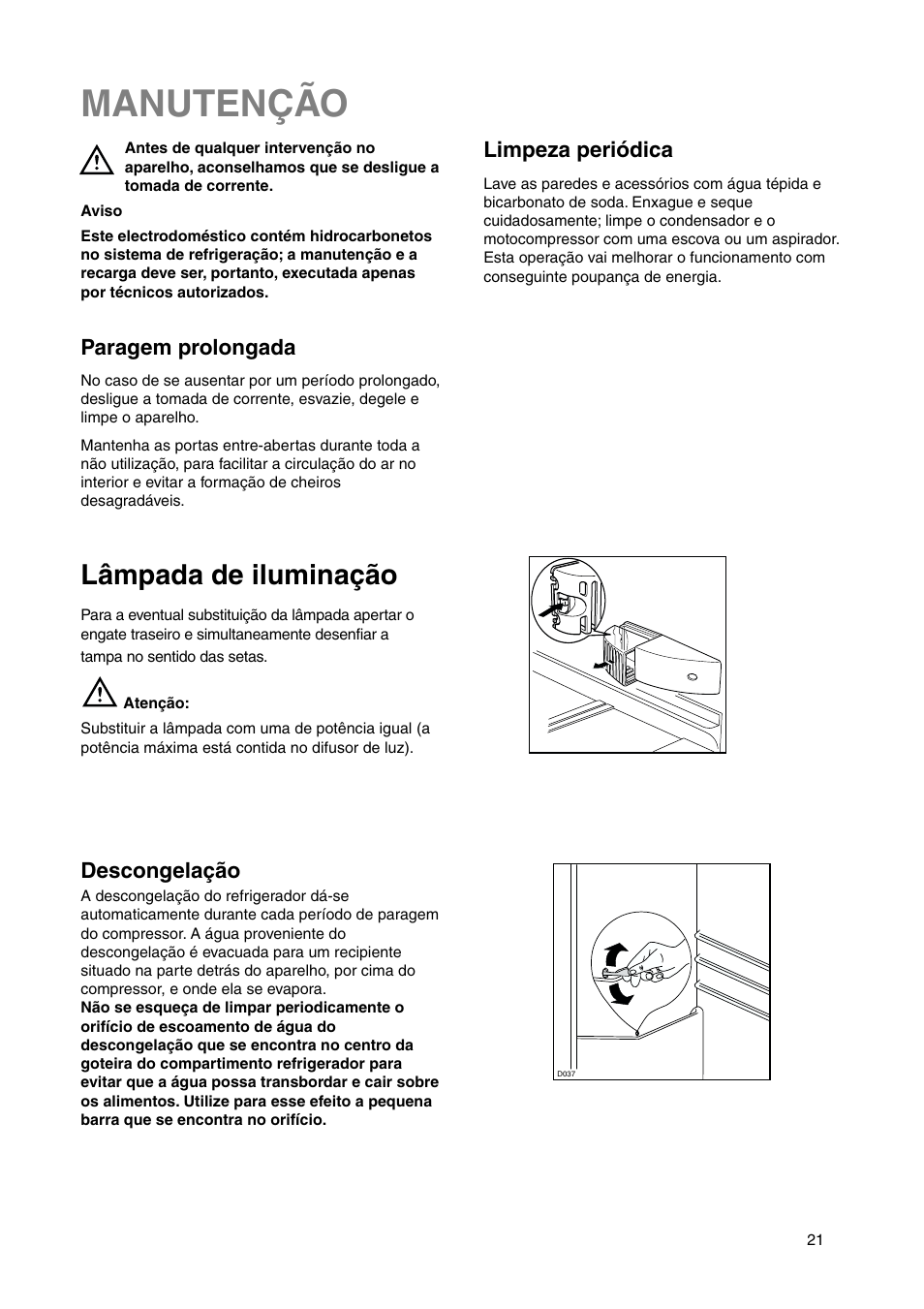 Manutenção, Lâmpada de iluminação, Limpeza periódica | Paragem prolongada, Descongelação | DE DIETRICH DRS635JE User Manual | Page 21 / 52