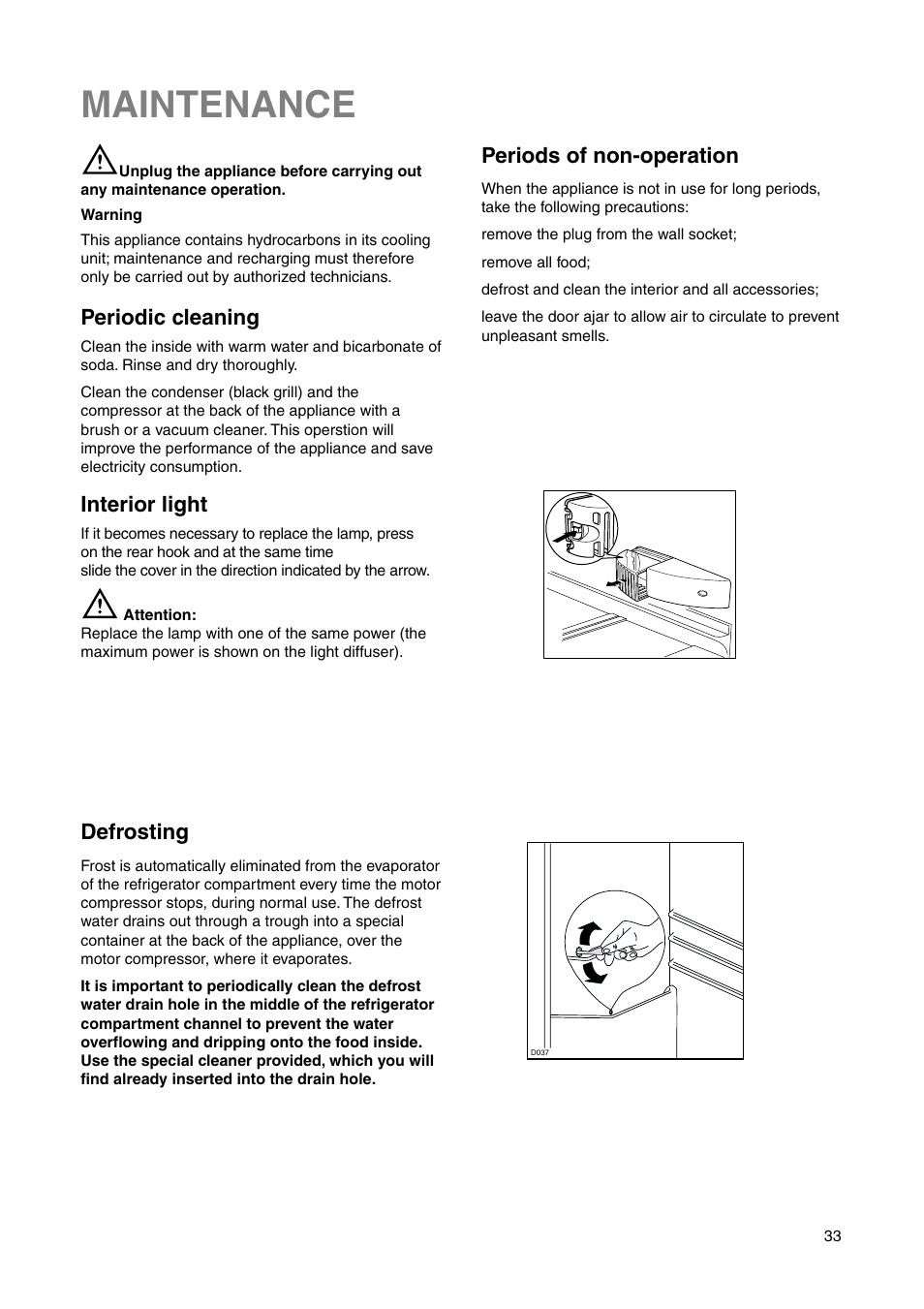 Maintenance, Periodic cleaning, Periods of non-operation | Interior light, Defrosting | DE DIETRICH DRS635JE User Manual | Page 33 / 52