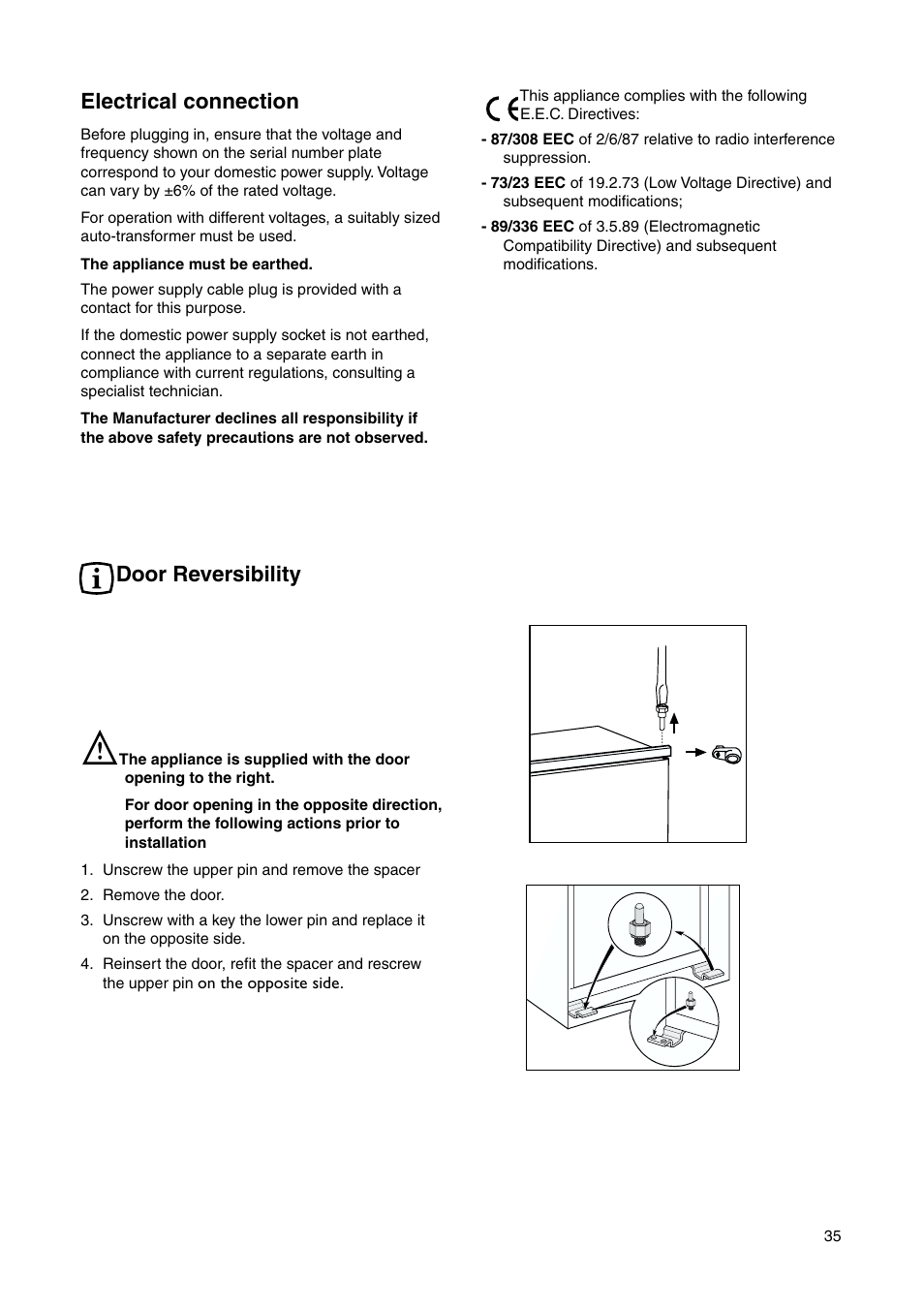 Electrical connection, Door reversibility | DE DIETRICH DRS635JE User Manual | Page 35 / 52