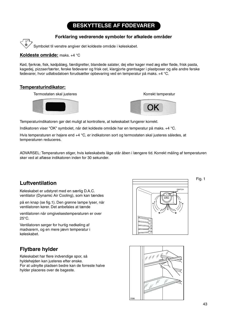 Beskyttelse af fødevarer luftventilation, Flytbare hylder | DE DIETRICH DRS635JE User Manual | Page 43 / 52