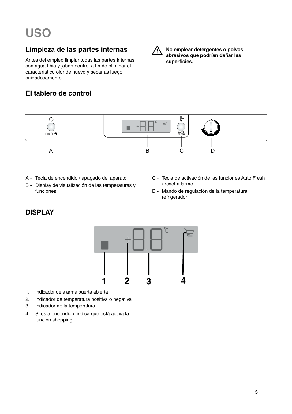 Limpieza de las partes internas, El tablero de control, Display | DE DIETRICH DRS635JE User Manual | Page 5 / 52