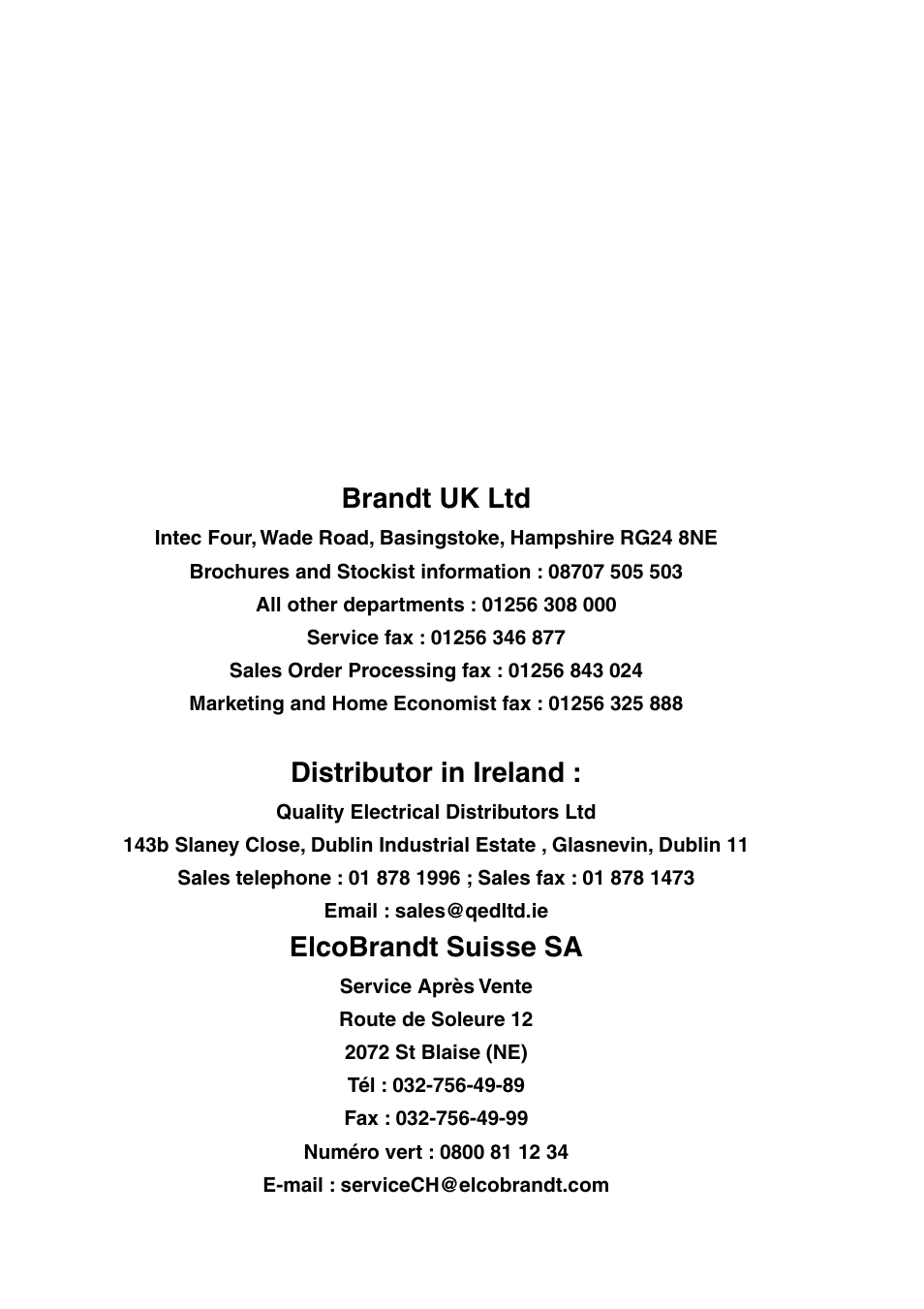 Brandt uk ltd, Distributor in ireland, Elcobrandt suisse sa | DE DIETRICH DRS635JE User Manual | Page 51 / 52