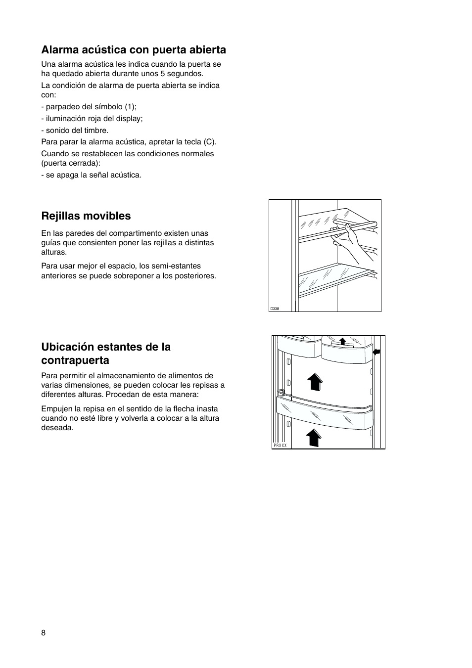 Alarma acústica con puerta abierta, Ubicación estantes de la contrapuerta, Rejillas movibles | DE DIETRICH DRS635JE User Manual | Page 8 / 52