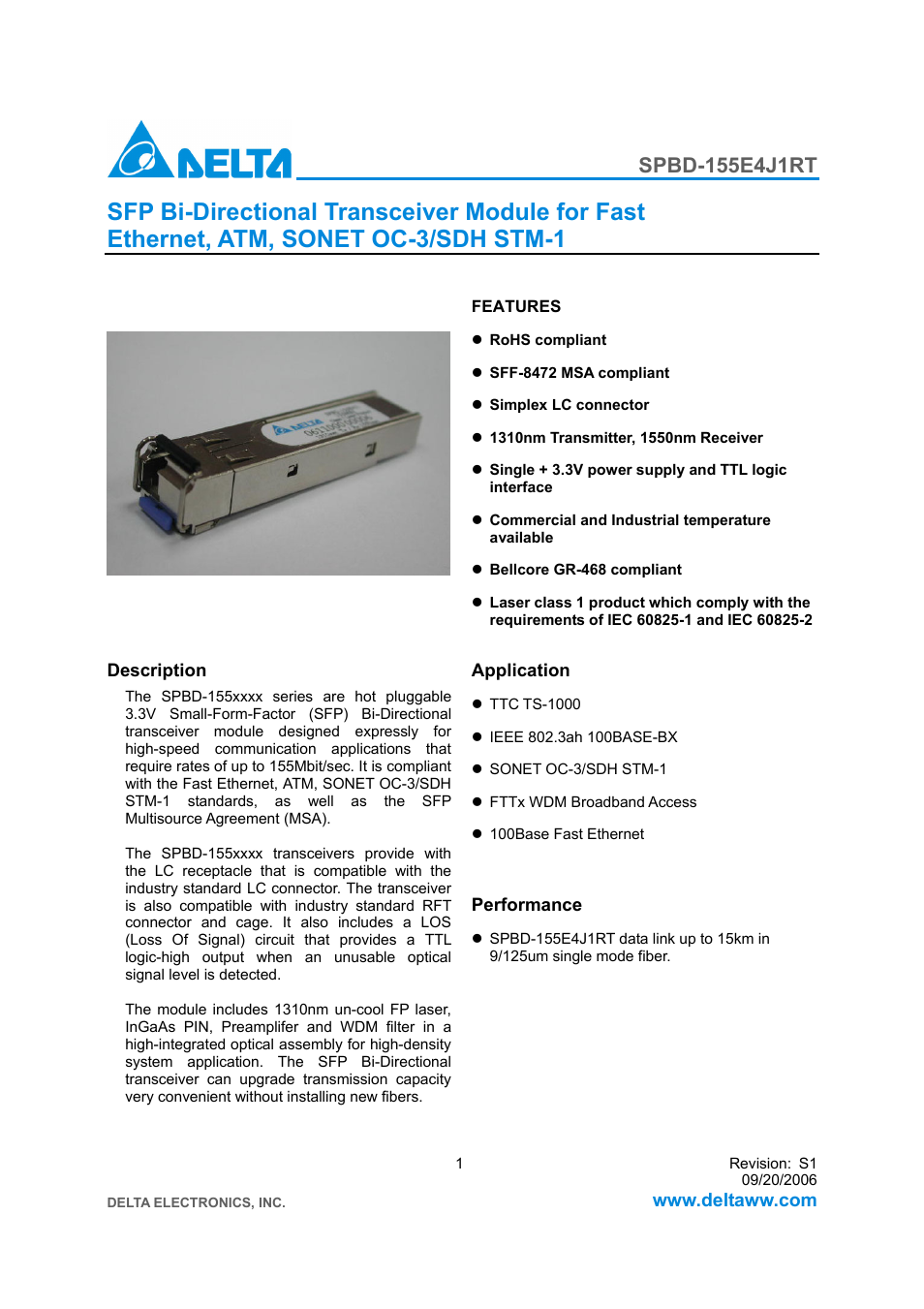 Delta Electronics SFP Bi-Directional Transceiver Module SPBD-155E4J1RT User Manual | 11 pages