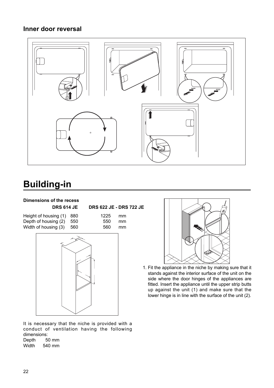 Building-in, Inner door reversal | DE DIETRICH DRS722JE User Manual | Page 10 / 15