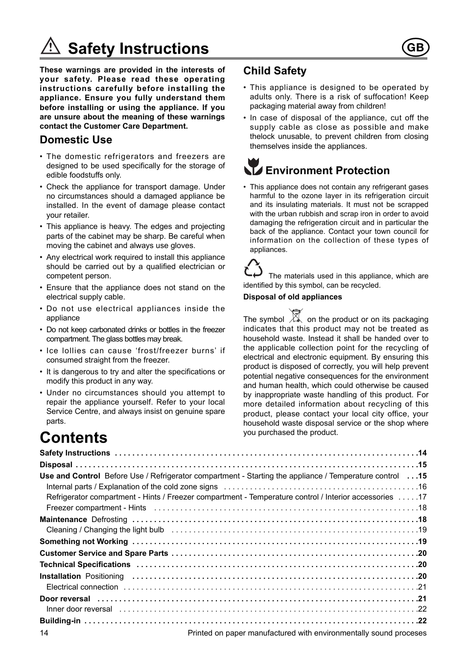 Contents safety instructions, Domestic use, Child safety | Environment protection | DE DIETRICH DRS722JE User Manual | Page 2 / 15