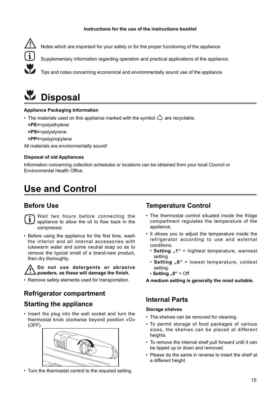 Use and control, Disposal, Before use | Refrigerator compartment starting the appliance, Temperature control, Internal parts | DE DIETRICH DRS722JE User Manual | Page 3 / 15