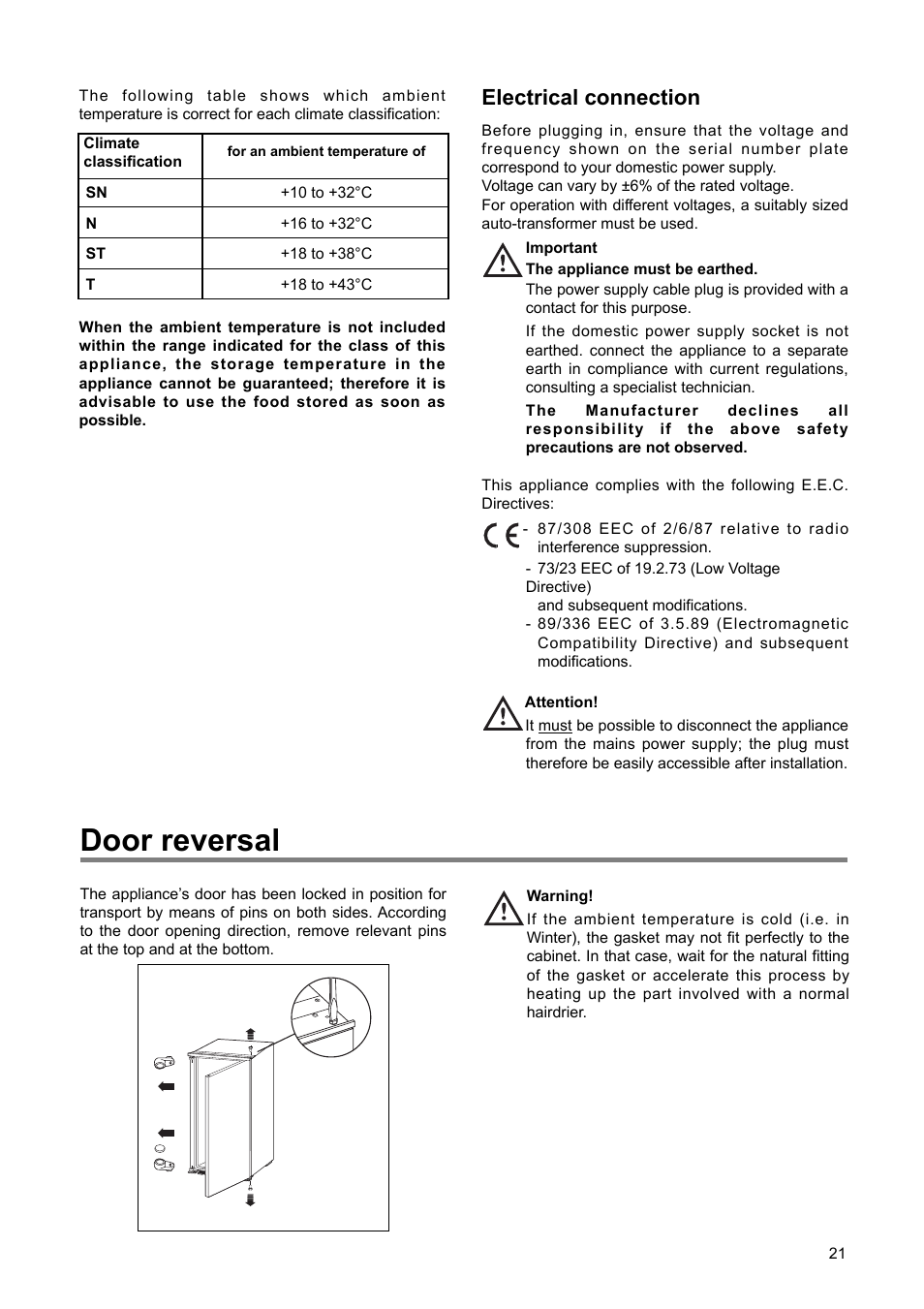 Door reversal, Electrical connection | DE DIETRICH DRS722JE User Manual | Page 9 / 15