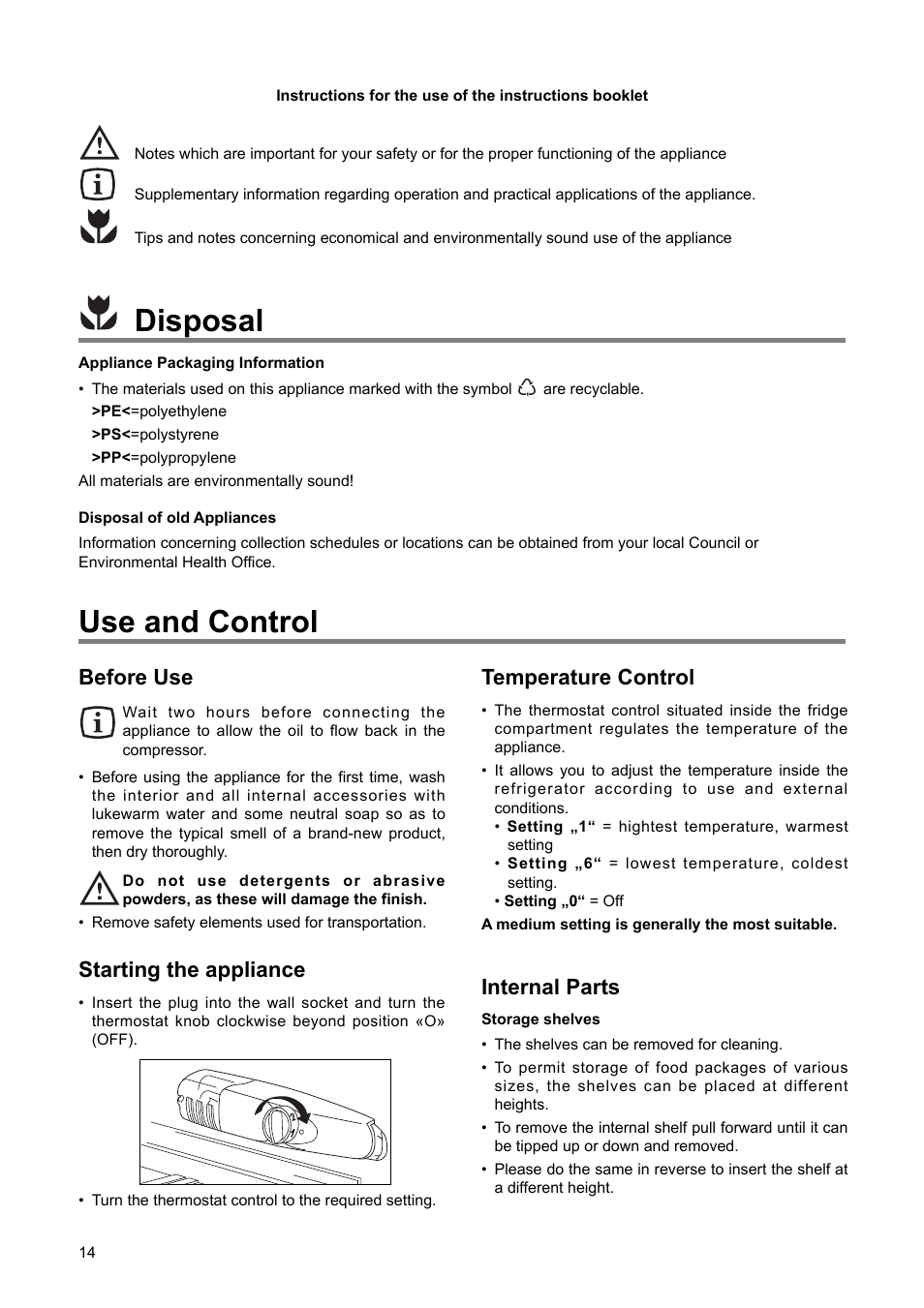 Use and control, Disposal, Before use | Starting the appliance, Temperature control, Internal parts | DE DIETRICH DRS723JE User Manual | Page 3 / 16