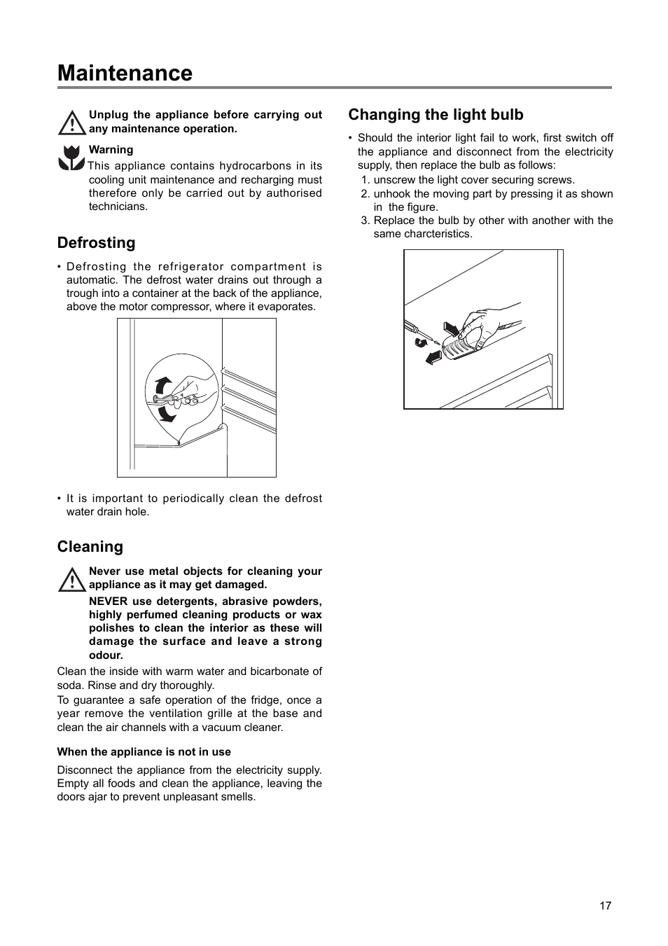 Maintenance, Defrosting, Cleaning | Changing the light bulb | DE DIETRICH DRS723JE User Manual | Page 6 / 16