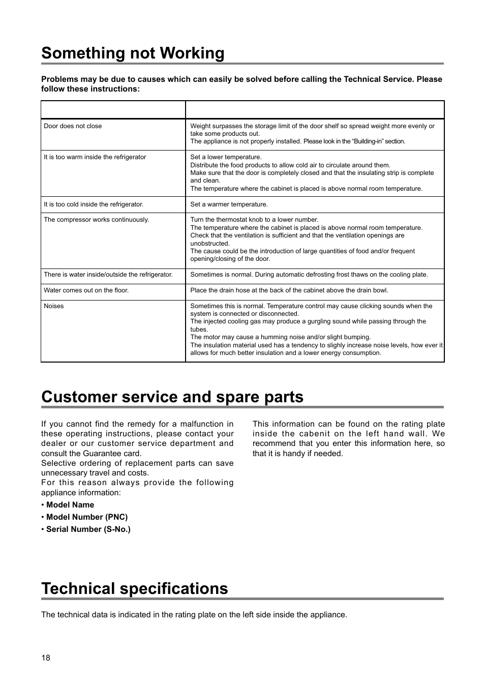 Technical specifications, Something not working, Customer service and spare parts | DE DIETRICH DRS723JE User Manual | Page 7 / 16