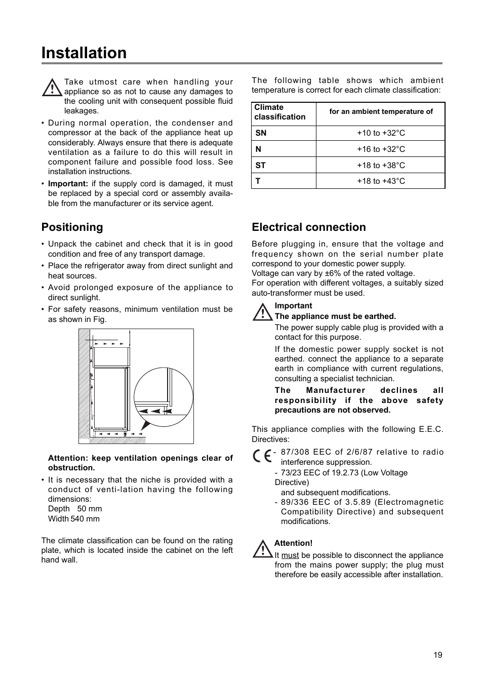 Installation, Positioning, Electrical connection | DE DIETRICH DRS723JE User Manual | Page 8 / 16