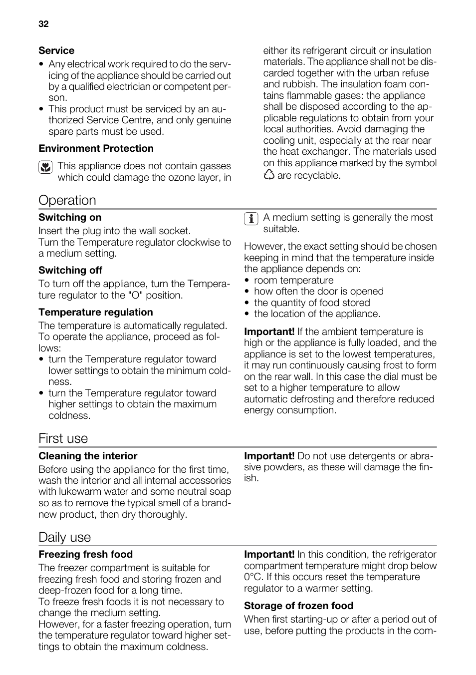 Operation, First use, Daily use | DE DIETRICH DRS917JE User Manual | Page 32 / 60