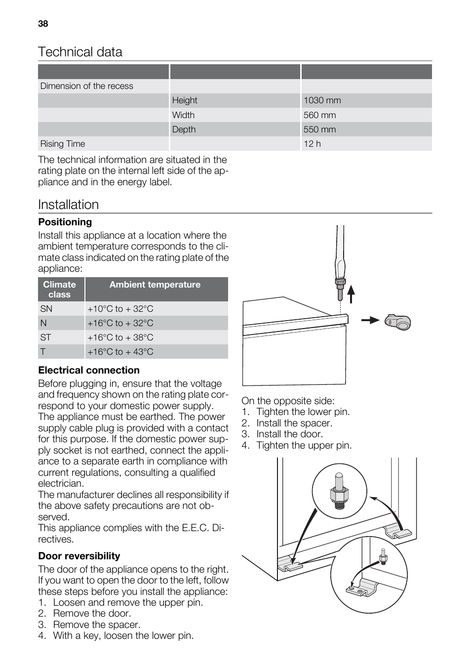 Technical data, Installation | DE DIETRICH DRS917JE User Manual | Page 38 / 60