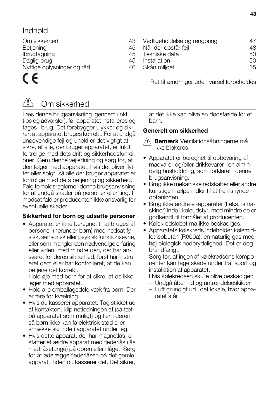 Indhold, Om sikkerhed | DE DIETRICH DRS917JE User Manual | Page 43 / 60