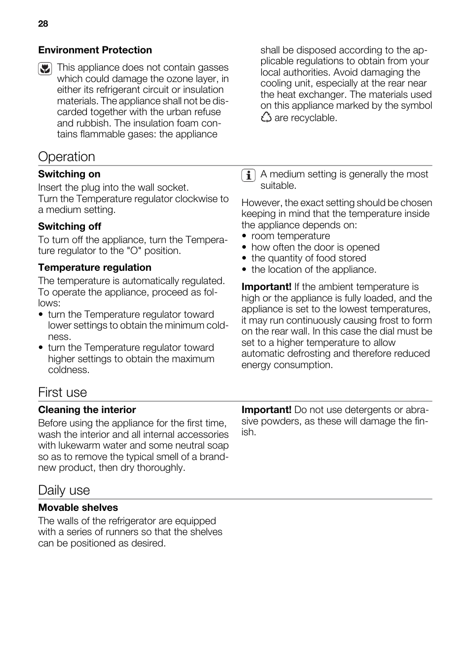 Operation, First use, Daily use | DE DIETRICH DRS918JE User Manual | Page 28 / 52