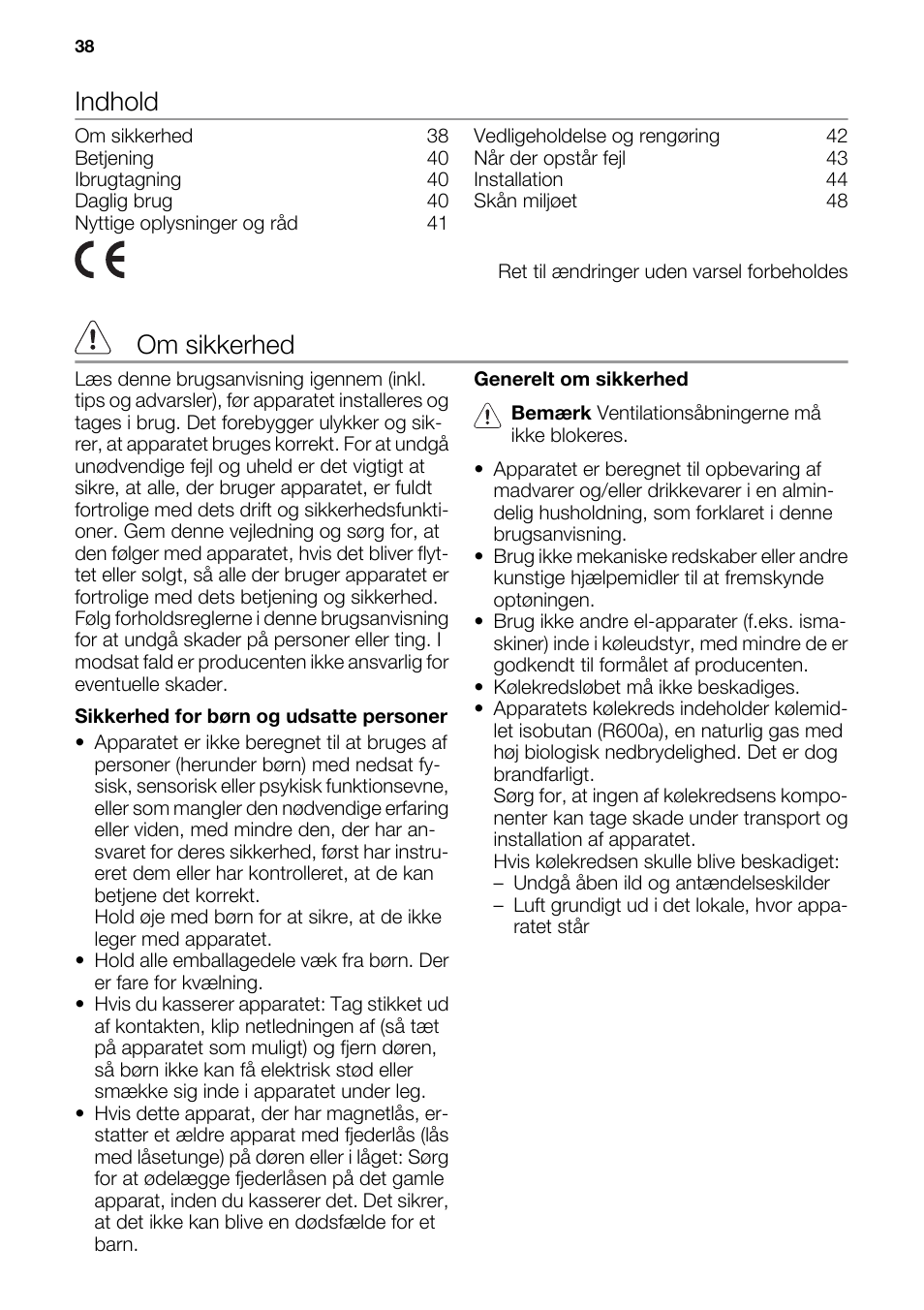 Indhold, Om sikkerhed | DE DIETRICH DRS918JE User Manual | Page 38 / 52