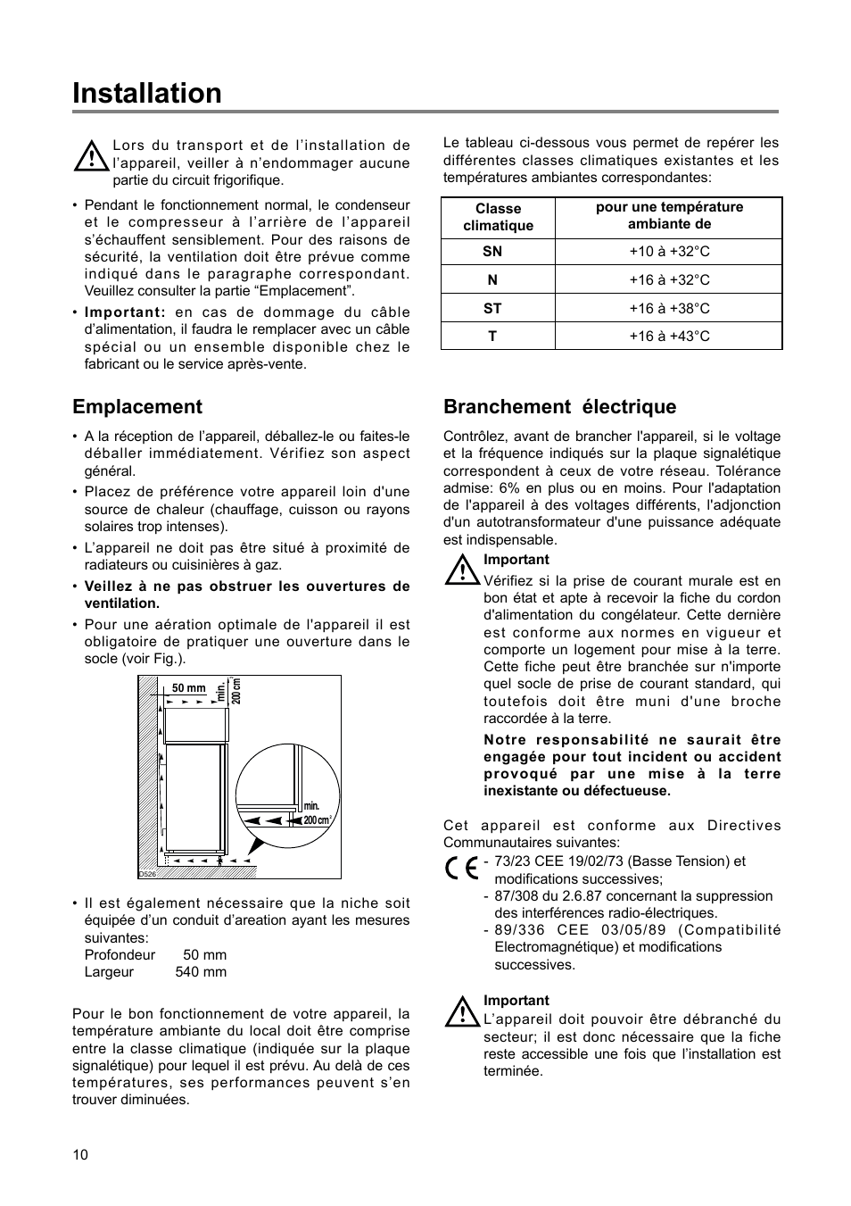 Installation, Branchement électrique, Emplacement | DE DIETRICH DRS920JE User Manual | Page 10 / 52