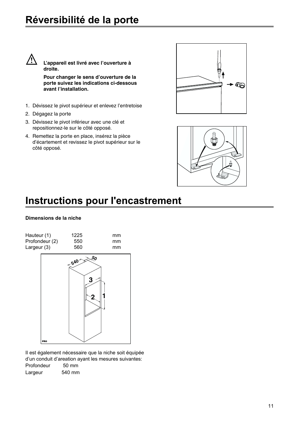 Instructions pour i'encastrement, Réversibilité de la porte | DE DIETRICH DRS920JE User Manual | Page 11 / 52