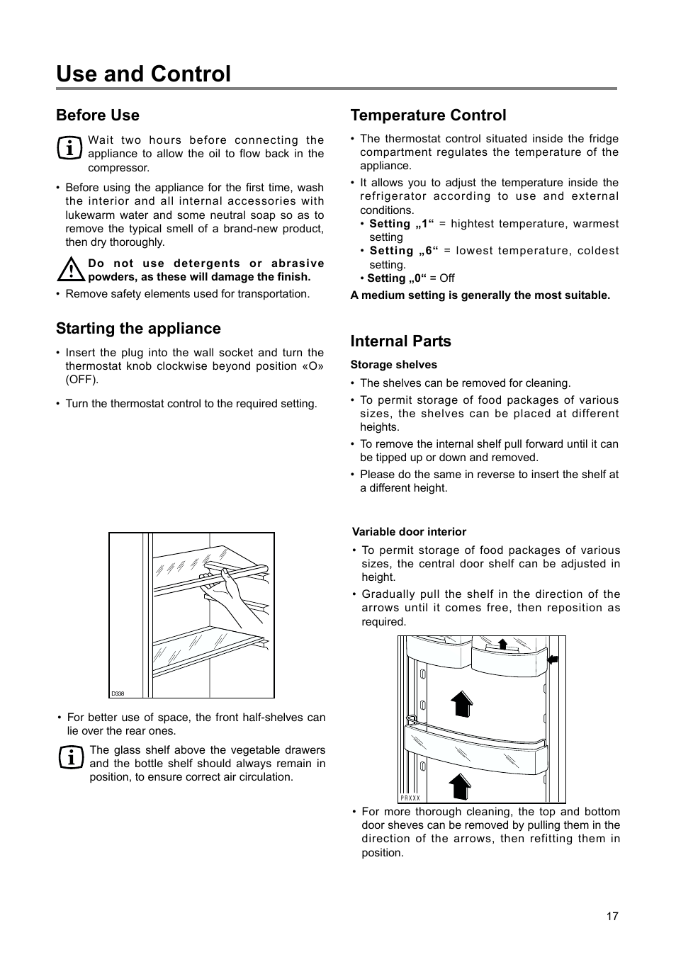 Use and control, Before use, Starting the appliance | Temperature control, Internal parts | DE DIETRICH DRS920JE User Manual | Page 17 / 52