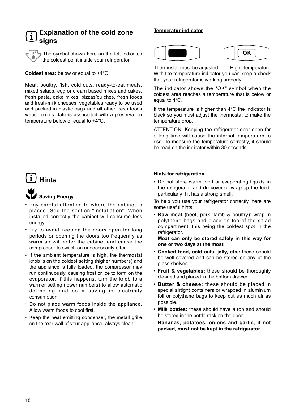 Explanation of the cold zone signs, Hints | DE DIETRICH DRS920JE User Manual | Page 18 / 52