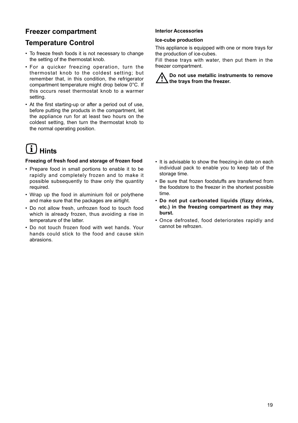 Freezer compartment temperature control, Hints | DE DIETRICH DRS920JE User Manual | Page 19 / 52