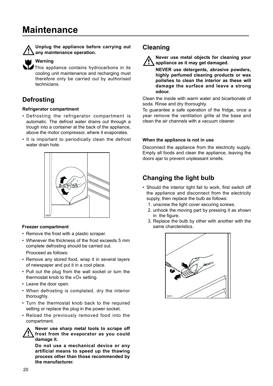 Maintenance, Defrosting, Cleaning | Changing the light bulb | DE DIETRICH DRS920JE User Manual | Page 20 / 52