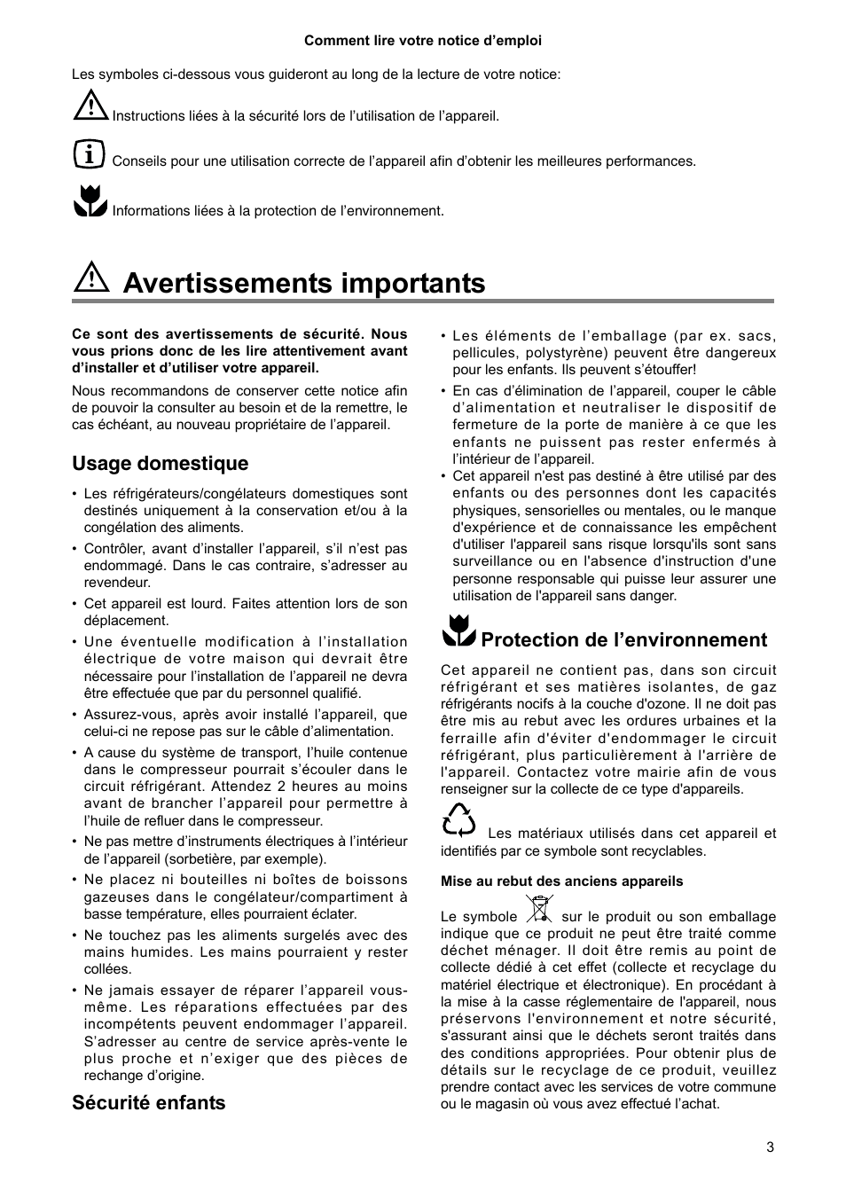 Avertissements importants, Usage domestique, Sécurité enfants | Protection de l’environnement | DE DIETRICH DRS920JE User Manual | Page 3 / 52