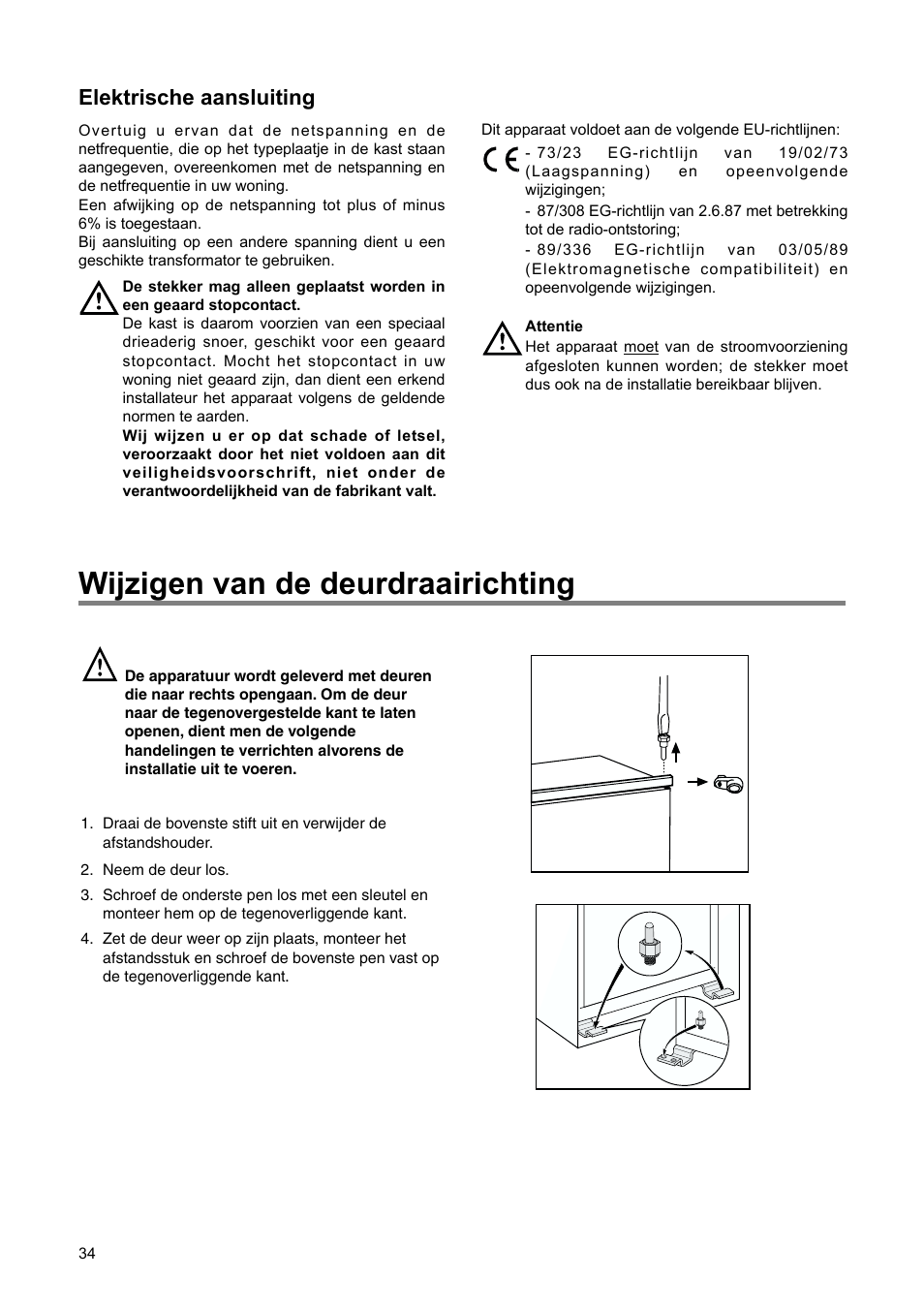 Wijzigen van de deurdraairichting, Elektrische aansluiting | DE DIETRICH DRS920JE User Manual | Page 34 / 52