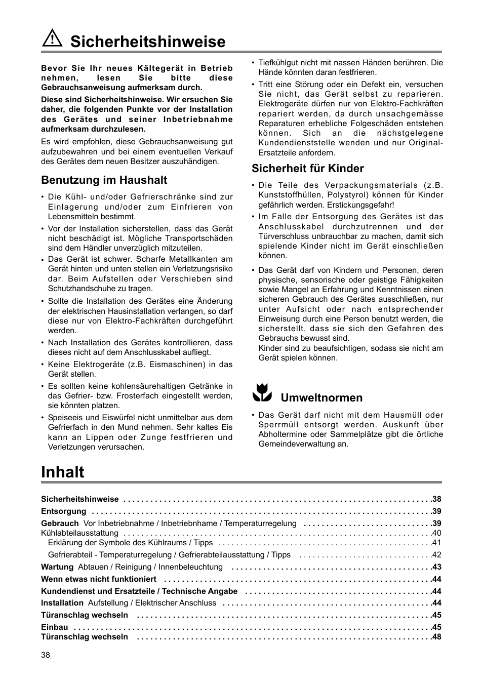 Sicherheitshinweise, Inhalt, Sicherheit für kinder | Umweltnormen, Benutzung im haushalt | DE DIETRICH DRS920JE User Manual | Page 38 / 52