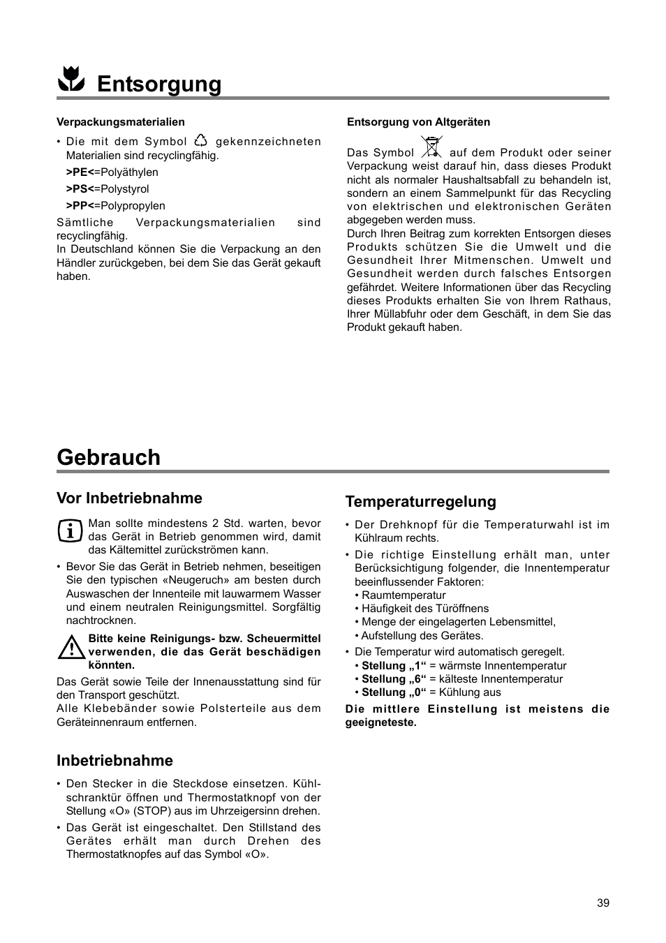 Gebrauch, Entsorgung, Vor inbetriebnahme | Inbetriebnahme, Temperaturregelung | DE DIETRICH DRS920JE User Manual | Page 39 / 52