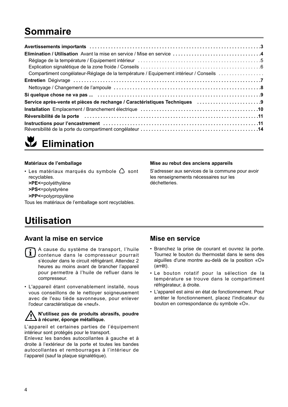 Sommaire, Elimination, Utilisation | Mise en service, Avant la mise en service | DE DIETRICH DRS920JE User Manual | Page 4 / 52
