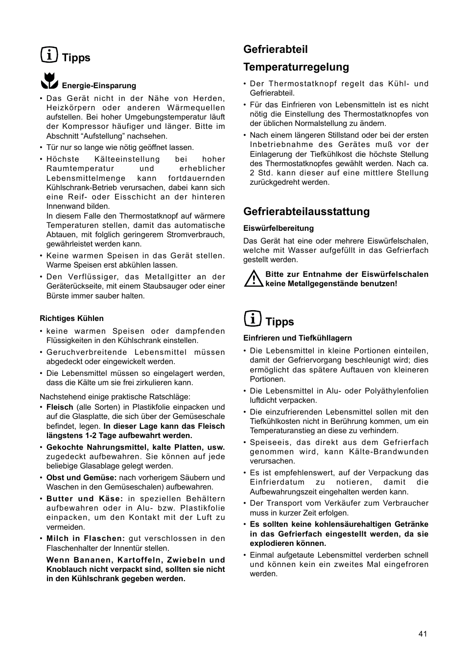 Tipps, Gefrierabteil temperaturregelung, Gefrierabteilausstattung | DE DIETRICH DRS920JE User Manual | Page 41 / 52