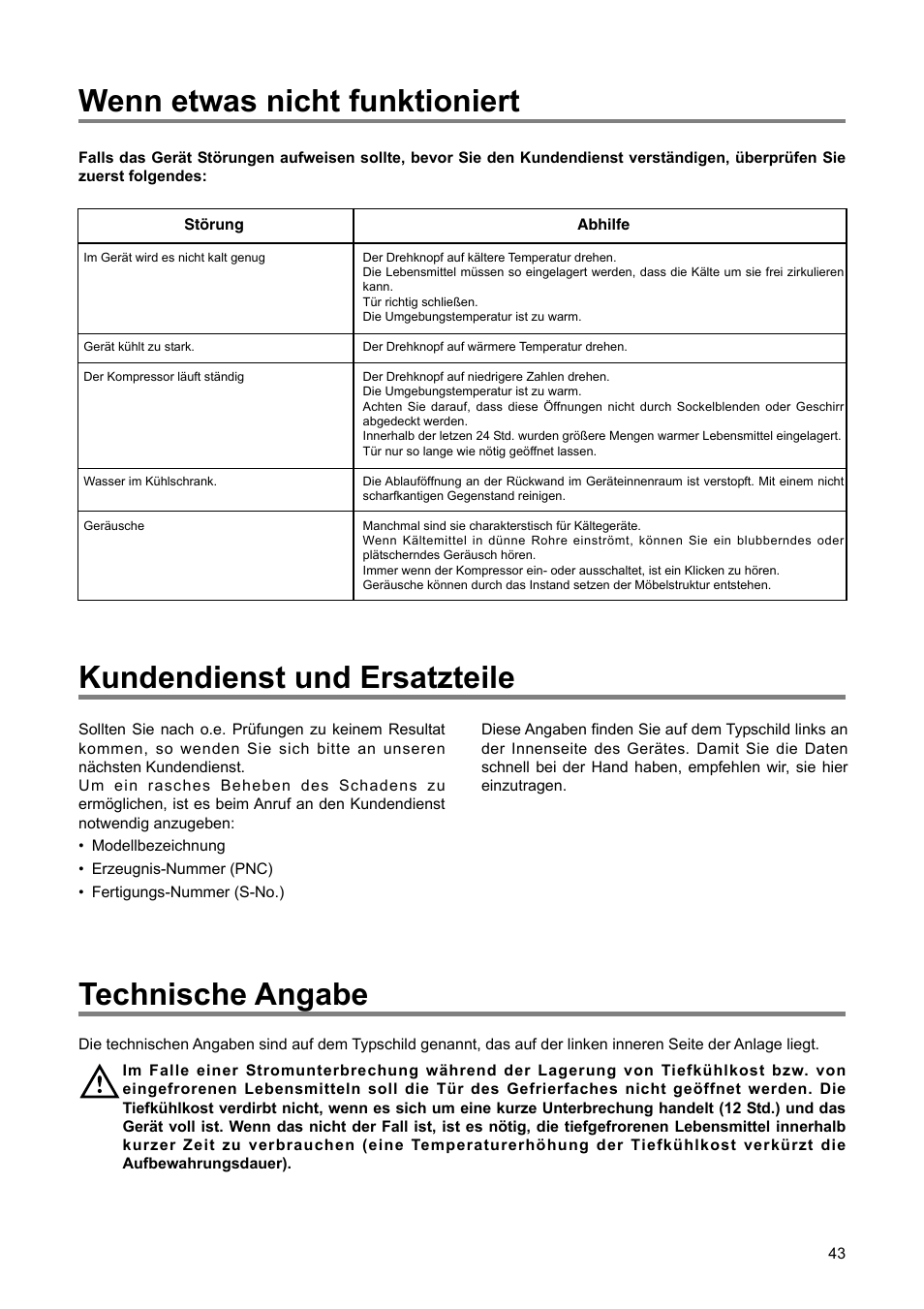 Wenn etwas nicht funktioniert, Kundendienst und ersatzteile, Technische angabe | DE DIETRICH DRS920JE User Manual | Page 43 / 52