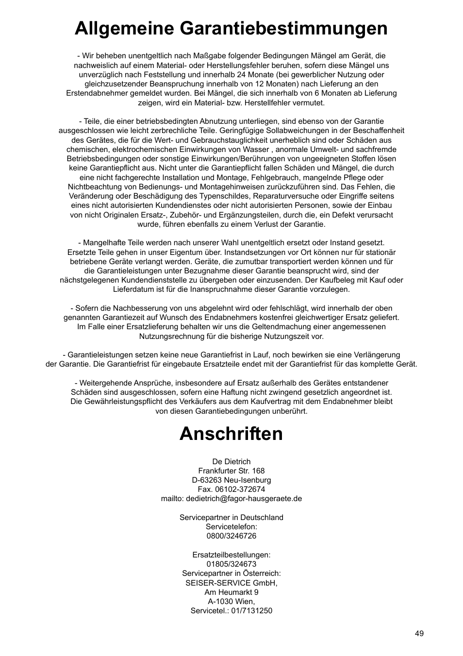 Allgemeine garantiebestimmungen, Anschriften | DE DIETRICH DRS920JE User Manual | Page 49 / 52