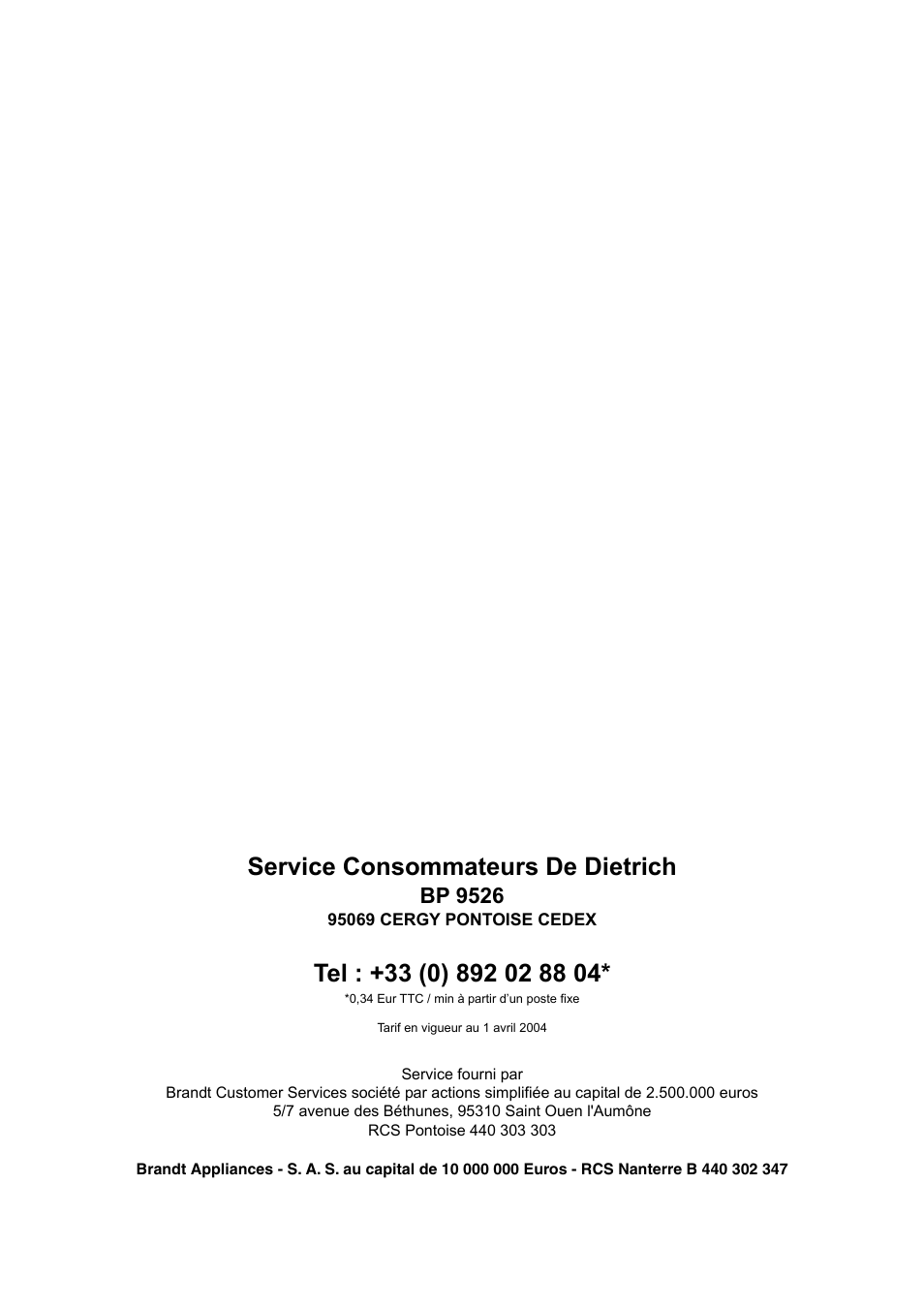Service consommateurs de dietrich, Bp 9526 | DE DIETRICH DRS920JE User Manual | Page 52 / 52