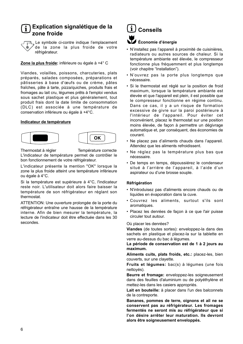 Conseils, Explication signalétique de la zone froide | DE DIETRICH DRS920JE User Manual | Page 6 / 52