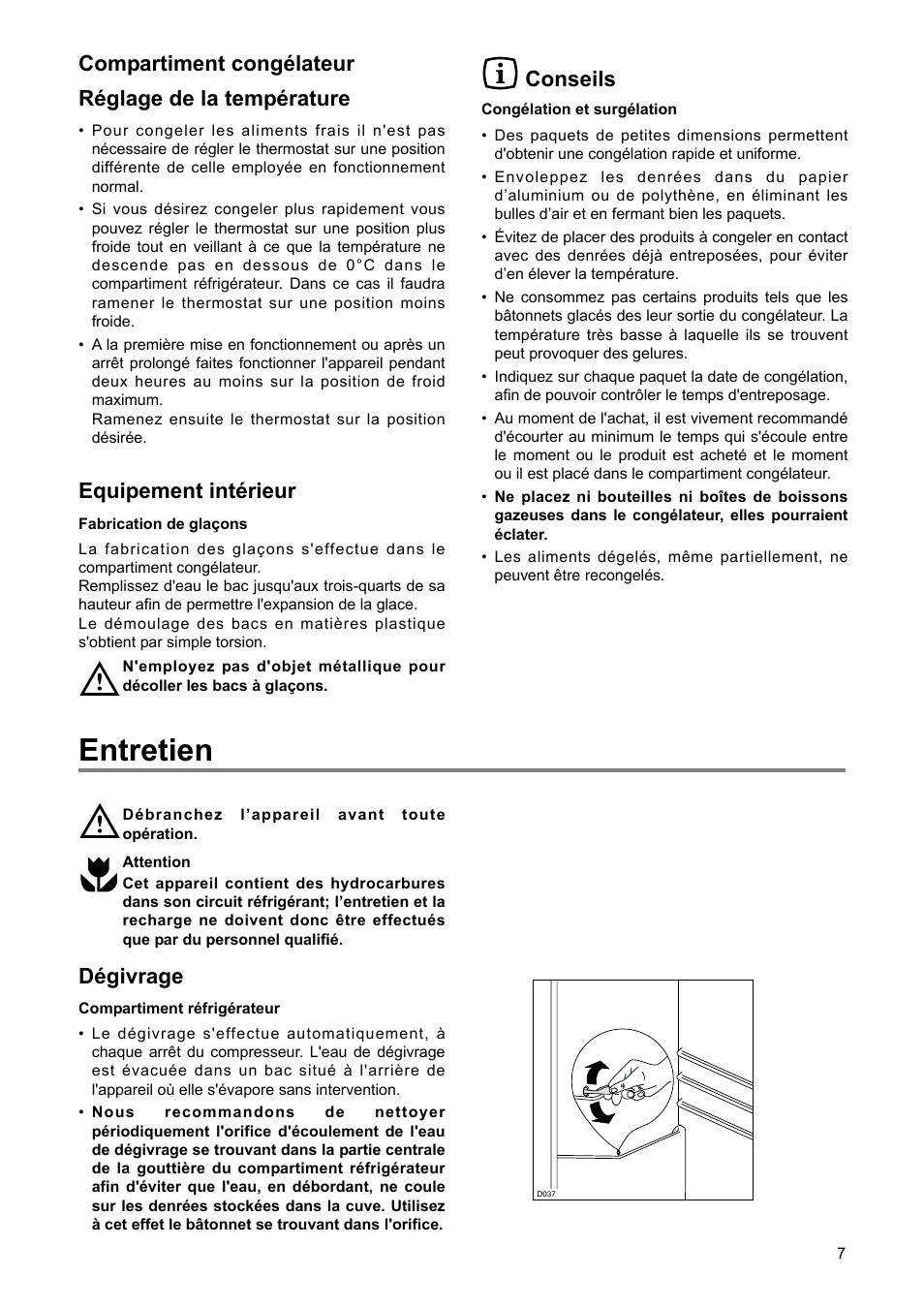 Entretien, Compartiment congélateur réglage de la température, Equipement intérieur | Conseils, Dégivrage | DE DIETRICH DRS920JE User Manual | Page 7 / 52