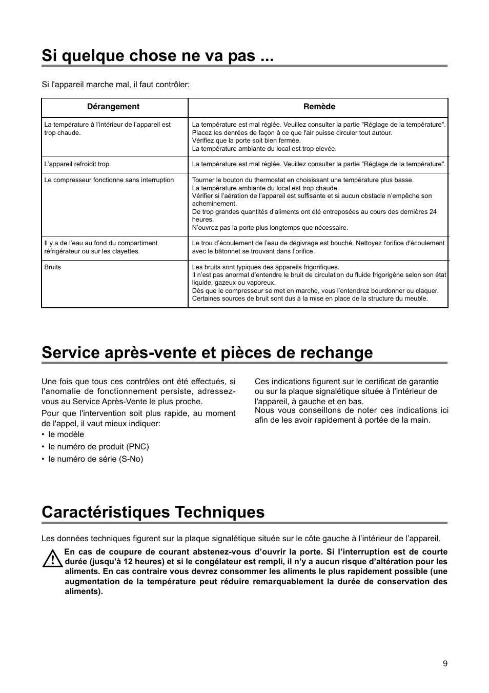 Si quelque chose ne va pas, Service après-vente et pièces de rechange, Caractéristiques techniques | DE DIETRICH DRS920JE User Manual | Page 9 / 52