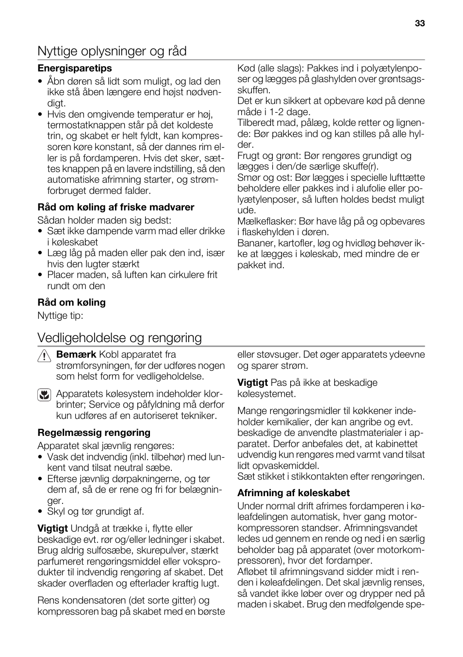 Nyttige oplysninger og råd, Vedligeholdelse og rengøring | DE DIETRICH DRS926JE User Manual | Page 33 / 40