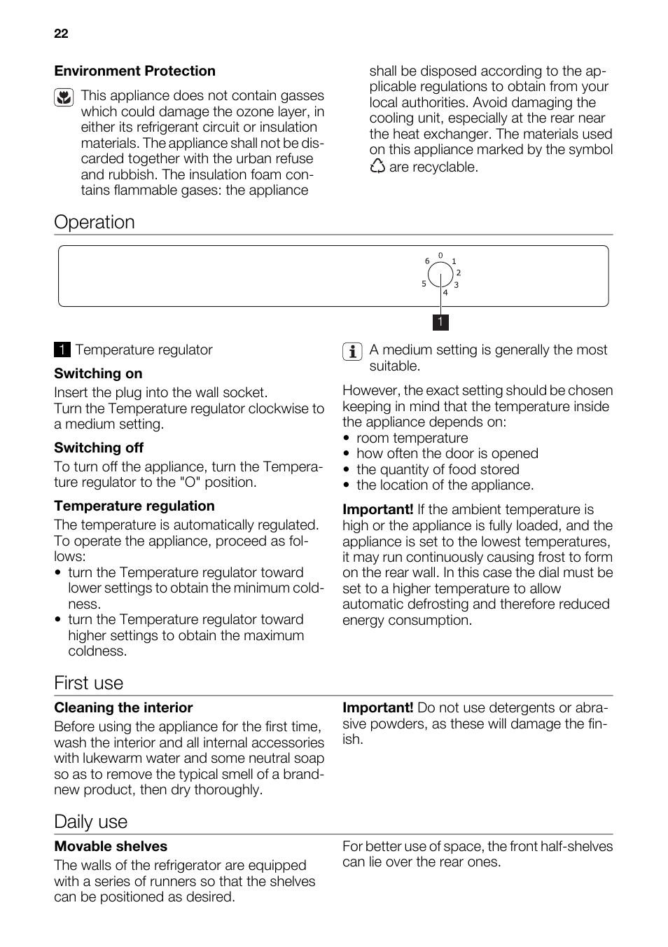 Operation, First use, Daily use | DE DIETRICH DRS926JE User Manual | Page 22 / 40