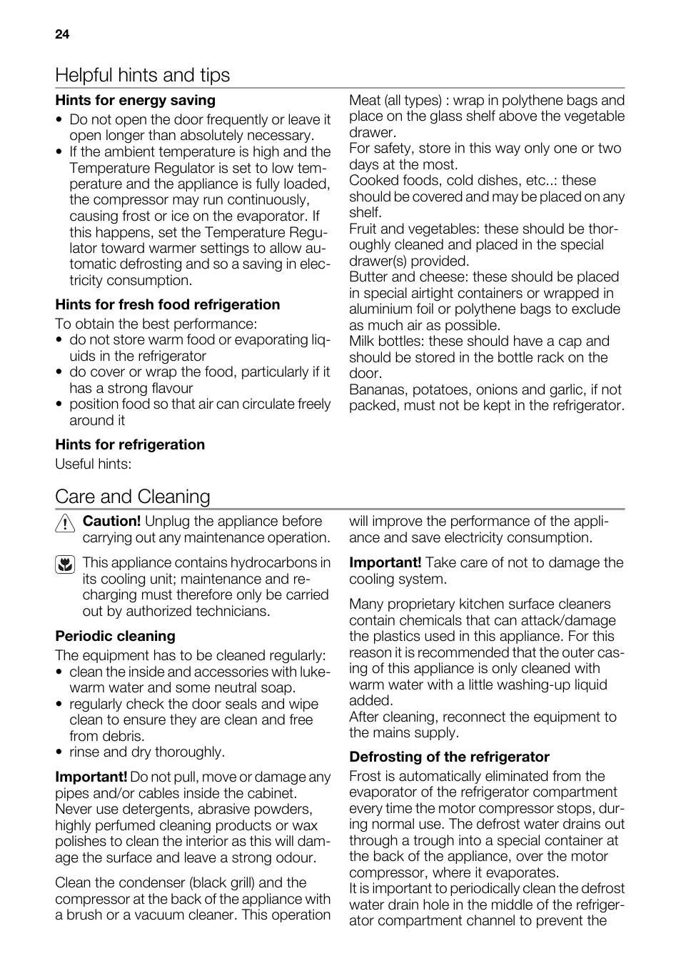 Helpful hints and tips, Care and cleaning | DE DIETRICH DRS926JE User Manual | Page 24 / 40