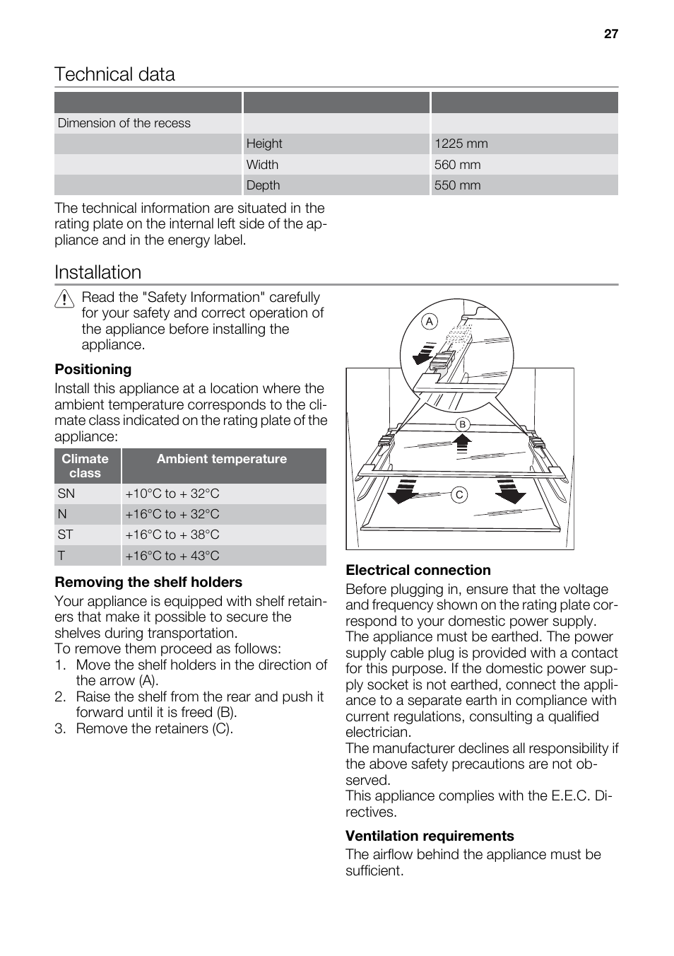 Technical data, Installation | DE DIETRICH DRS926JE User Manual | Page 27 / 40